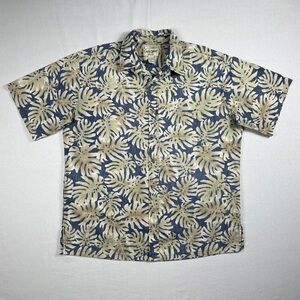 Hawaiian Mens Short-Sleeve Button-Down Shirt - Navy & Beige Tropical Print